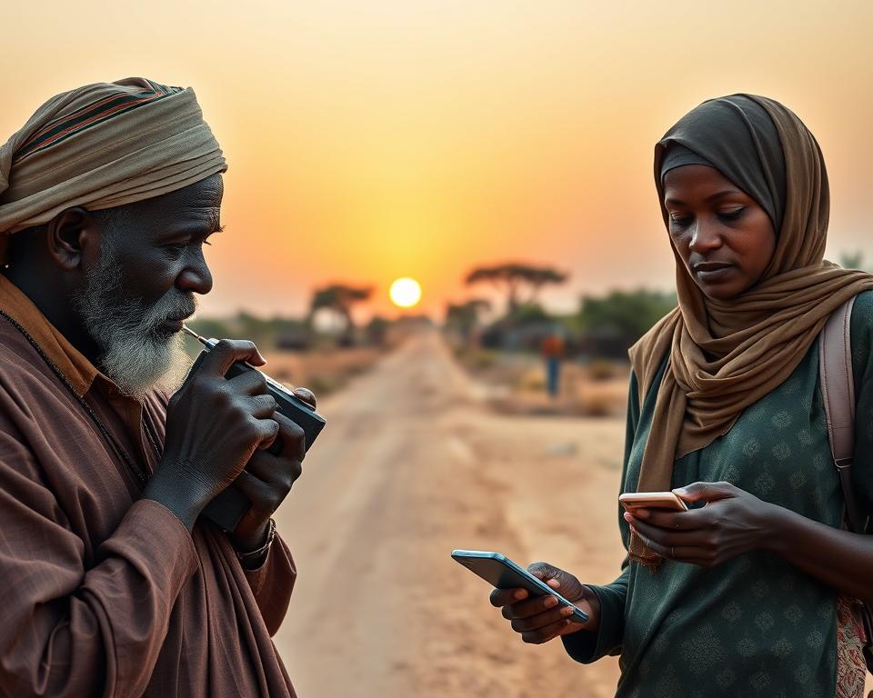 A split scene depicting radio and digital news in Somalia. In the foreground, a rural Somali man listens intently to a traditional radio, dressed in modest clothing reflecting local culture. Beside him, a woman using a smartphone to access digital news, dressed in a professional yet modest outfit. The middle of the scene blends rural landscape elements like dusty roads, acacia trees, and a few distant mud houses illustrating the connectivity challenges. In the background, sunset colors create a warm glow, suggesting the evening commute. The lighting is soft and warm, evoking a sense of community and contrast between traditional and modern media. The overall mood reflects a blend of nostalgia and the promise of new technology.